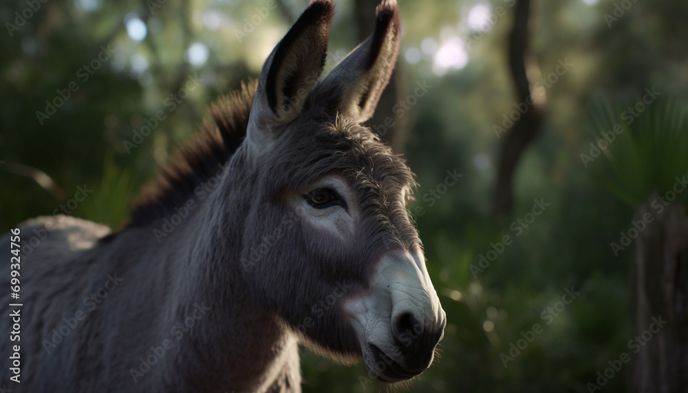 Cute donkey grazing in the green meadow under the sunset generated by AI