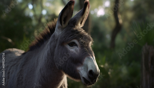 Cute donkey grazing in the green meadow under the sunset generated by AI