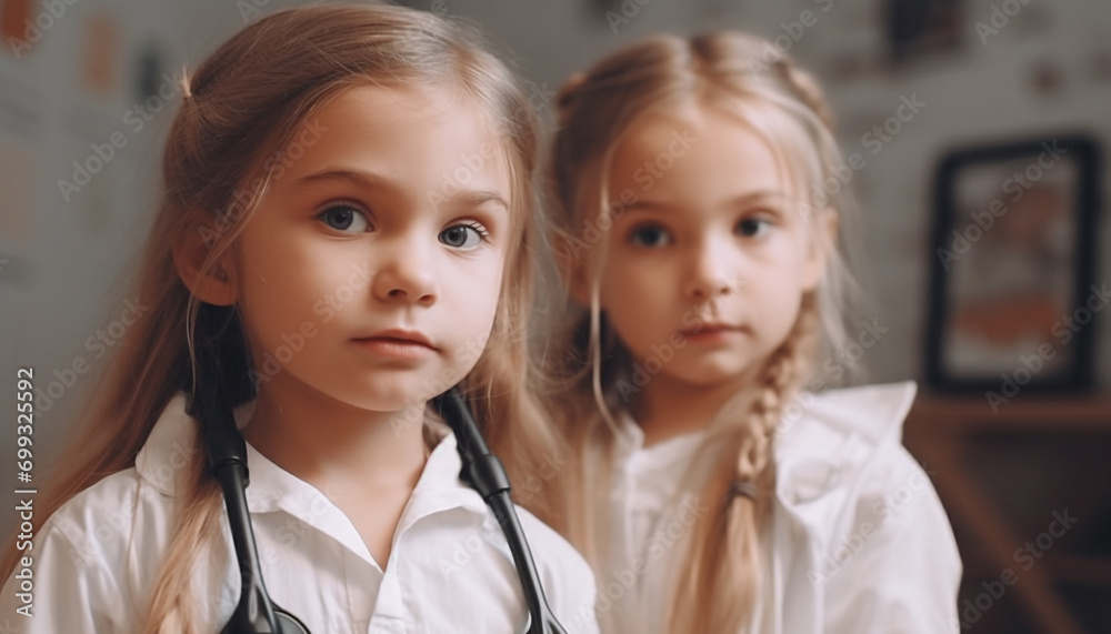 Two cute girls in uniform smiling, looking at camera, playing doctor generated by AI Two cute girls in uniform smiling, looking at camera, playing doctor generated by AI