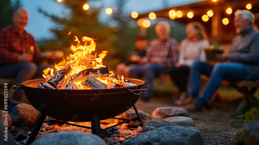 A group of people are sitting around a fire pit at night. - obrazy, fototapety, plakaty 