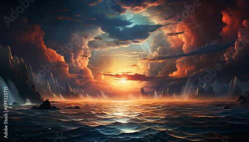 Sunset over water, nature beauty reflected in tranquil twilight generated by AI