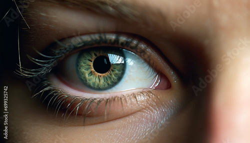 Close up of a woman eye, staring with beautiful blue iris generated by AI