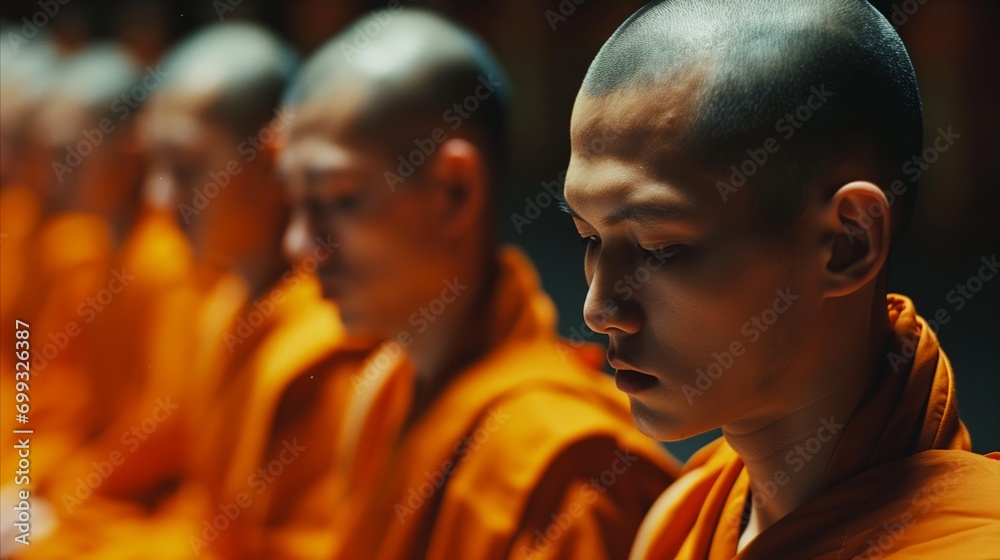 A group of monks sitting in a line.