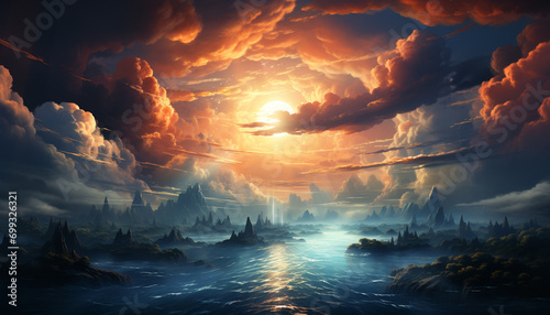 Sunset sky reflects beauty in nature, creating a tranquil scene generated by AI