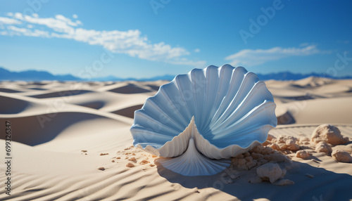 Tranquil coastline, blue sky, sandy dunes summer beauty generated by AI