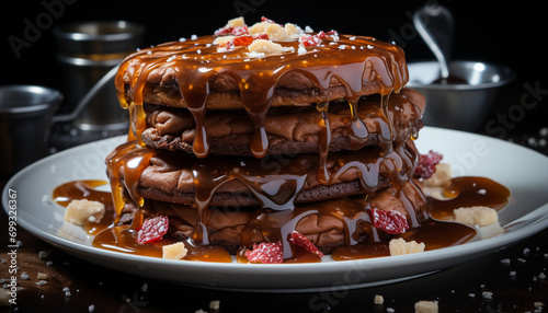 A stack of homemade pancakes with chocolate sauce and strawberries generated by AI