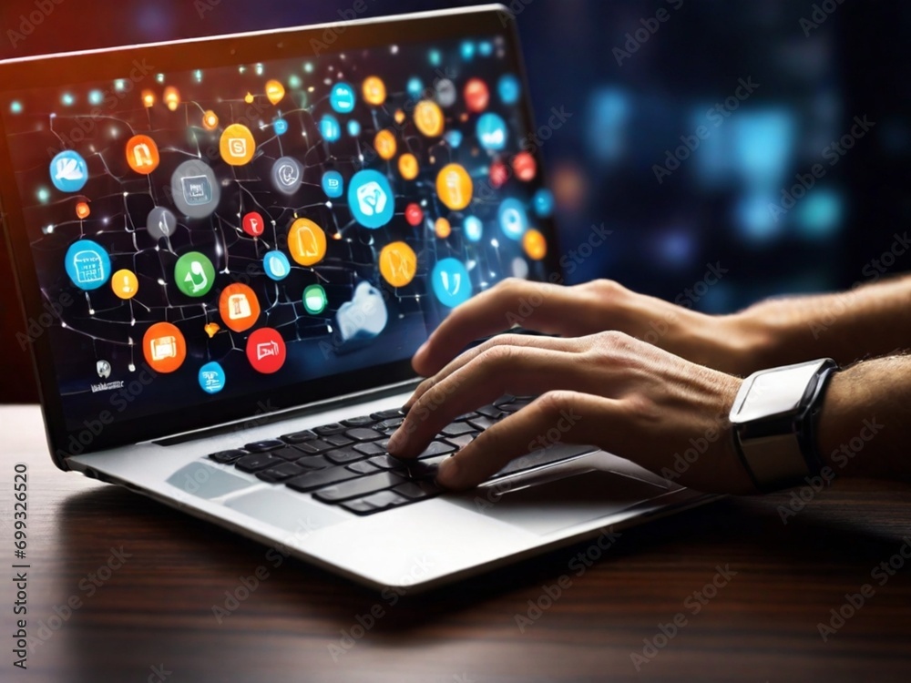 businessman male is typing on laptop to see his business connections