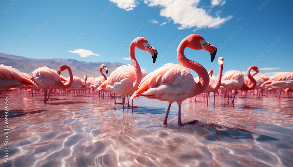 Obraz premium A group of colorful birds fly over a tranquil coastline generated by AI
