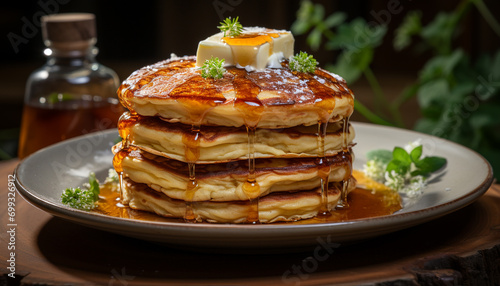 Freshly cooked pancakes stacked high with sweet syrup and berries generated by AI