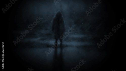 Scary man silhouette in raincoat with hood. Gloomy 2d animation. Creepy maniac character in dark. Spooky reflection in water. Horror fantasy movie. Halloween ghost video clip. Visions of hell.  photo