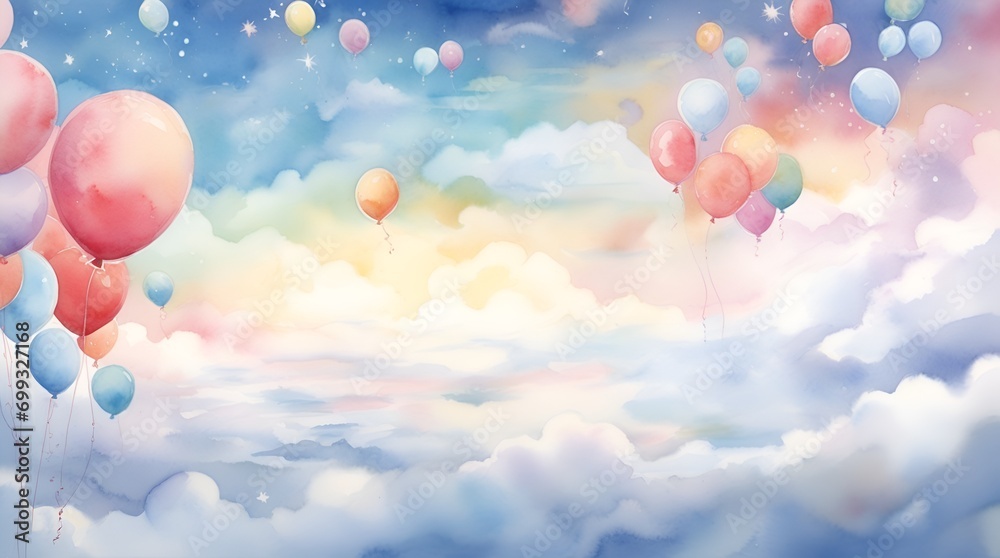 watercolor painting depicts a serene sky adorned with fluffy clouds, vibrant balloons, and twinkling stars