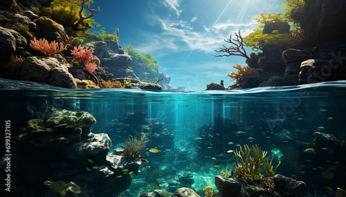 Underwater fish reef, nature water coral, deep blue scuba diving generated by AI