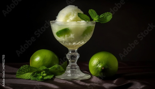 Fresh fruit cocktail with ice, lime, mint leaf, and alcohol generated by AI
