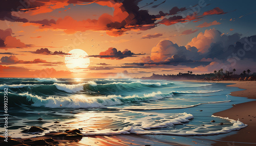 Sunset over water, nature beauty reflected in tranquil waves generated by AI