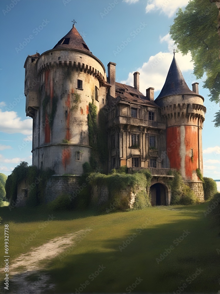 an old abandoned crumbling castle in the grass.