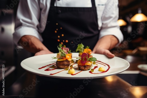 Chef serving a dish with artistic presentation, adorned with flowers and sauce