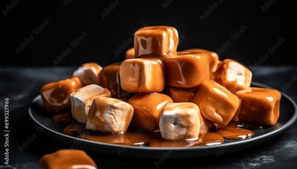 Fototapeta premium Indulgent homemade dessert dark chocolate caramel fudge with hazelnut generated by AI