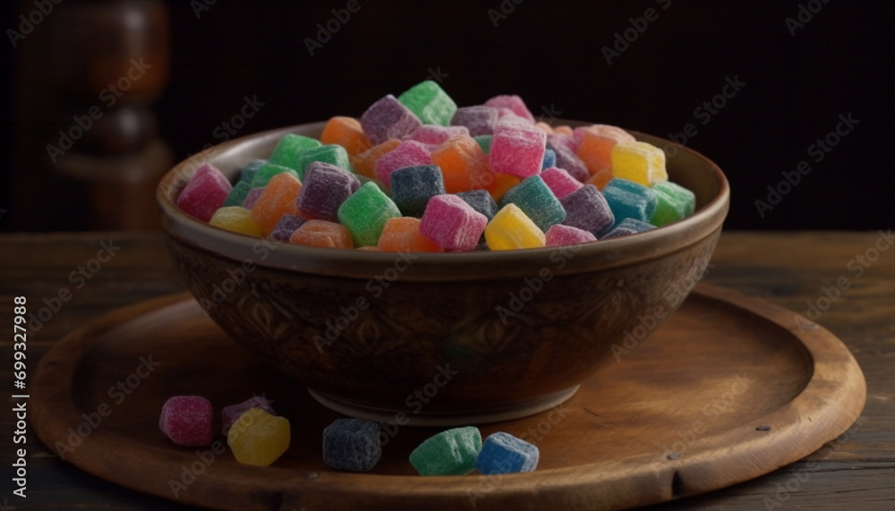 A colorful bowl of candy, a sweet childhood indulgence generated by AI A colorful bowl of candy, a sweet childhood indulgence generated by AI