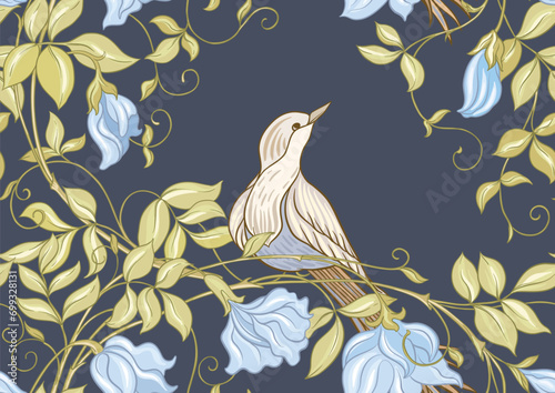 Fantasy flowers and bird, decorative flowers and leaves in art nouveau style, vintage, old, retro style. Seamless pattern, background. Vector illustration. Outline hand drawing vector illustration.