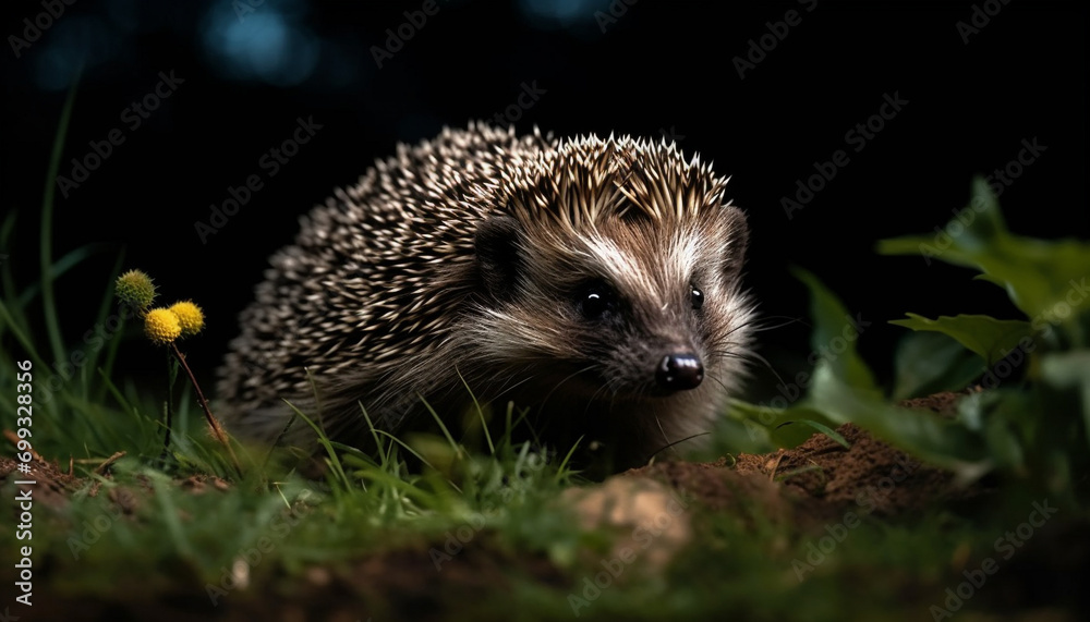 Fototapeta premium Cute hedgehog in nature, small mammal with bristled fur generated by AI