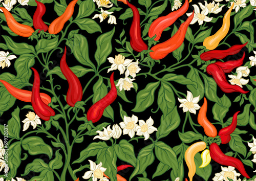 Hot chilly pepper plant with fruits and flowers Seamless pattern, background. Vector illustration. In art nouveau style, vintage, old, retro style.
