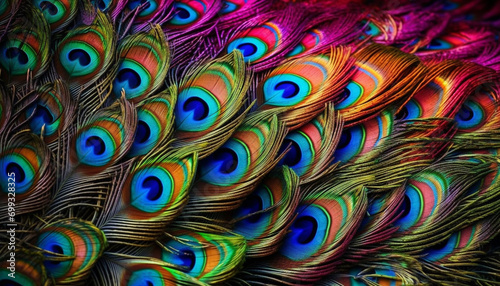 Multi colored peacock feather pattern, vibrant colors, nature beauty in motion generated by AI