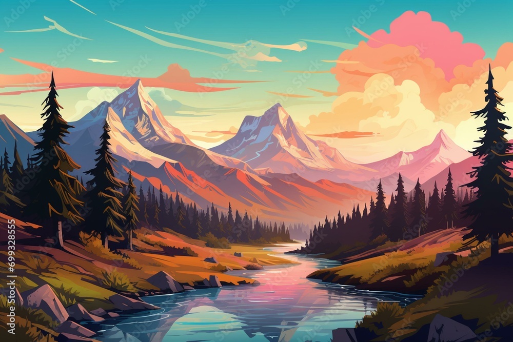 Illustration of a scenic landscape featuring majestic mountains. Generative AI
