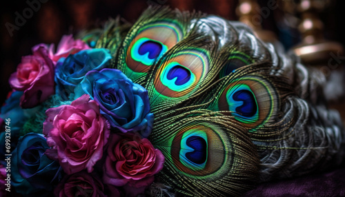 Multi colored peacock feather, beauty in nature, vibrant blue decoration generated by AI © Jeronimo Ramos