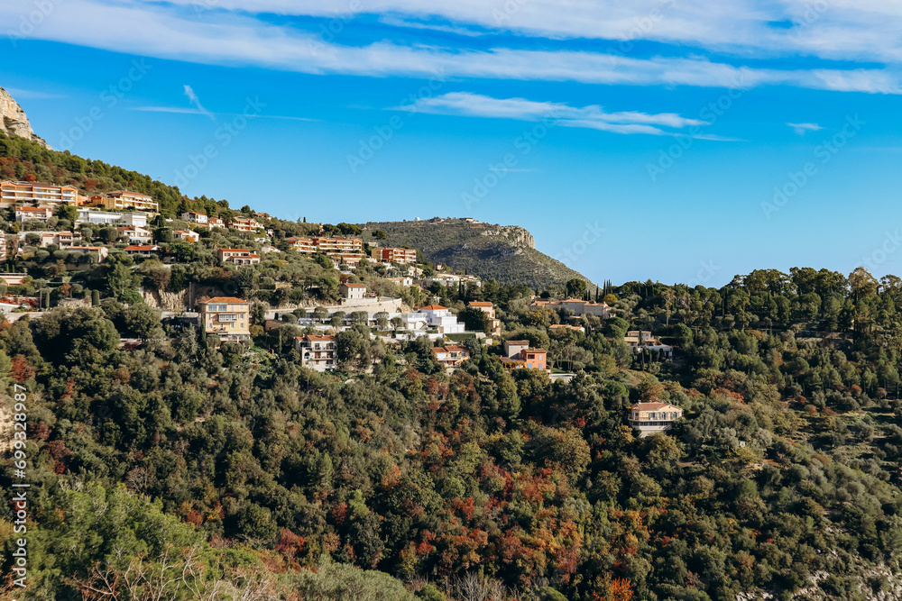 View of Eze sur Mer, a picturesque village on the heights, on the French Riviera