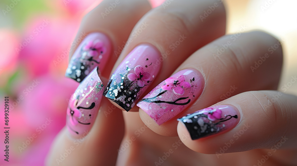 Closeup of creative painted nails, manicure beauty studio concept design - obrazy, fototapety, plakaty 