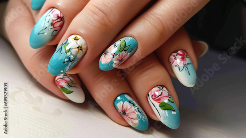 Closeup of creative painted nails, manicure beauty studio concept design