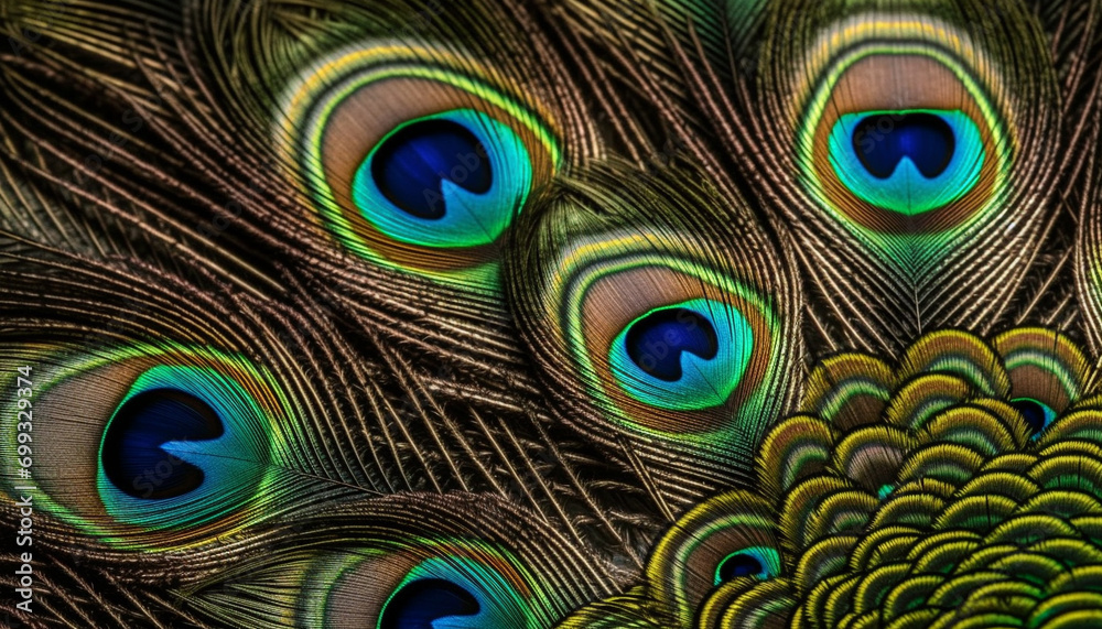 Obraz premium Vibrant colored peacock feather showcases nature beauty in abstract elegance generated by AI
