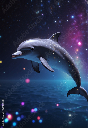 dolphin in the air above the water, on the background of water and night sky and neon glow