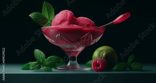 Refreshing summer cocktail with mint, raspberry, and lime generated by AI photo