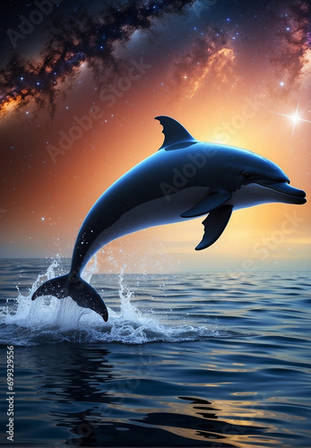 dolphin in the air above the water  on the background of water and night sky and neon glow
