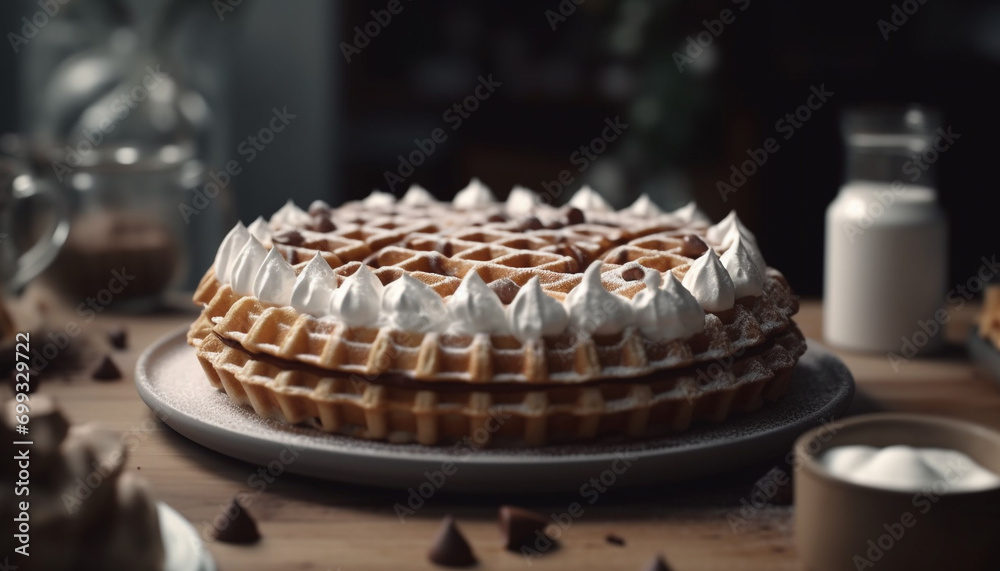 Homemade sweet pie with chocolate, fruit, and whipped cream decoration generated by AI Homemade sweet pie with chocolate, fruit, and whipped cream decoration generated by AI