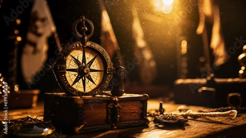 antique pirate collections, rare items, compass, pirate spyglass, candle, treasures video animation photo