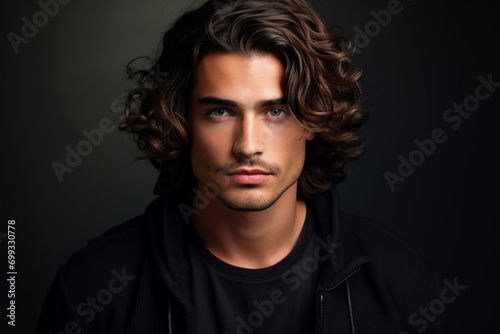 Young handsome man with long hair on dark studio background. Face of male model wearing black casual clothes. Concept of style, fashion, beauty, guy portrait, stylish hairstyle