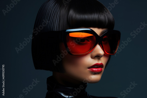 Young woman wearing modern sunglasses isolated on dark background. Face of girl model with stylish haircut, short black hair. Concept of style, fashion, studio, makeup, hairstyle