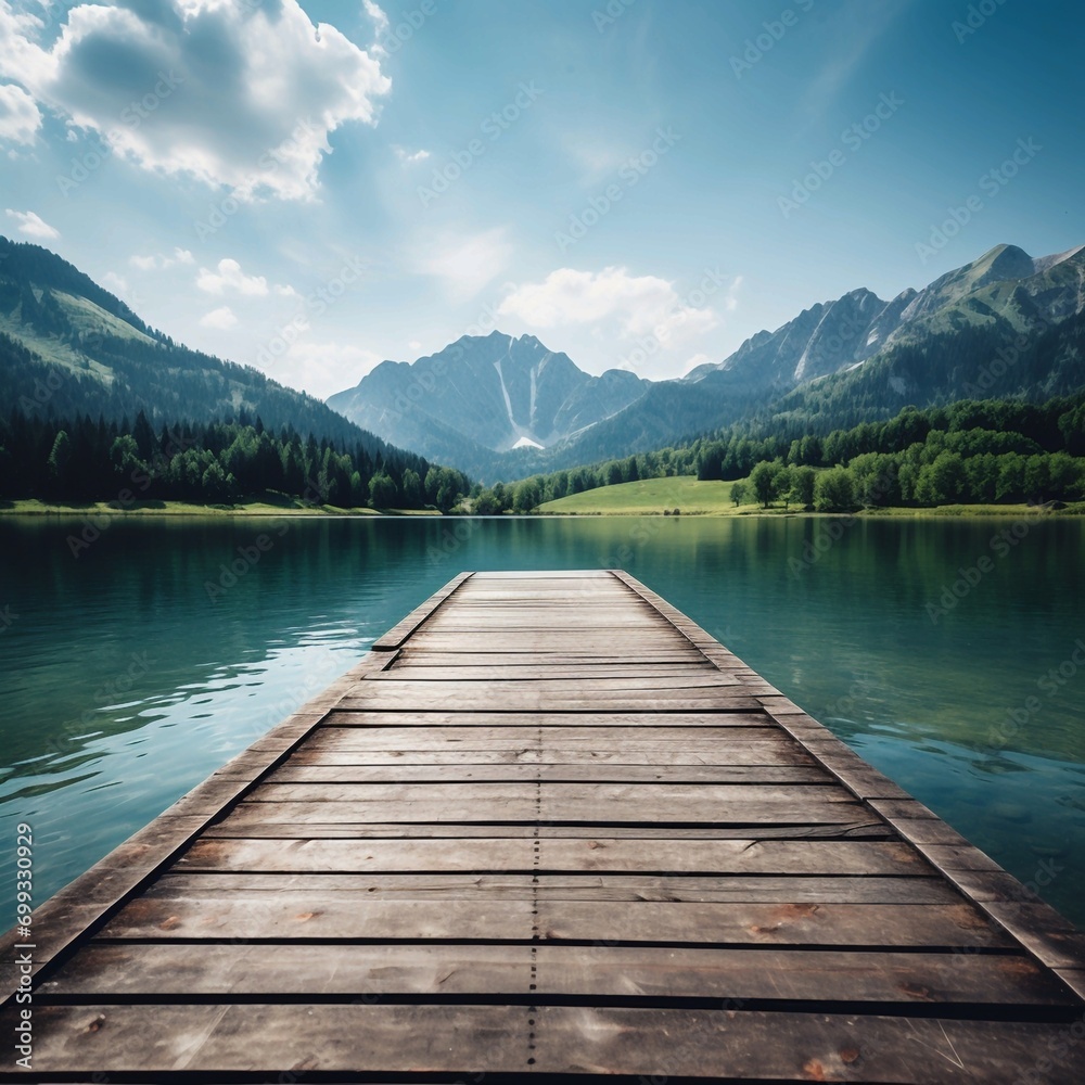 Wooden dock with mountain range in the background and body of water. Generative AI.
