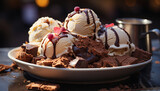 Homemade chocolate ice cream sundae on rustic wooden table generated by AI