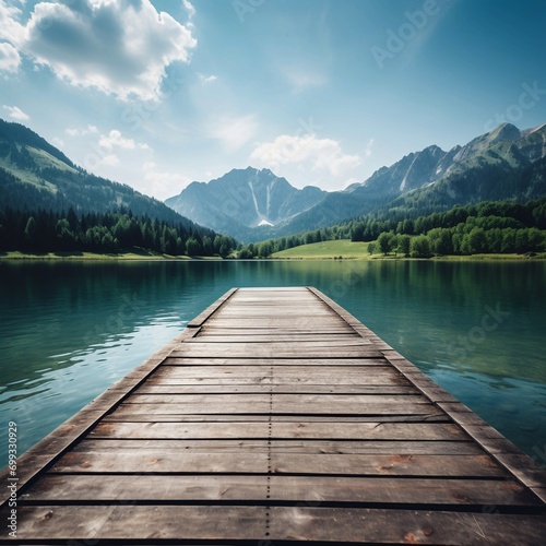 Wooden dock with mountain range in the background and body of water. Generative AI. © Penatic Studio
