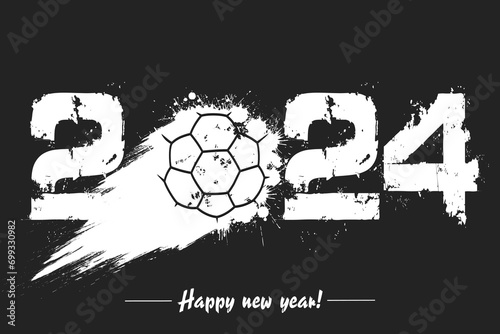 Numbers 2024 and flying abstract handball ball made from blots with by milky way in grunge style. Happy New Year 2024. Design template for greeting card. Vector illustration on isolated background