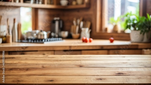 Blurred Kitchen on Empty Wooden Table Background, Wooden Table