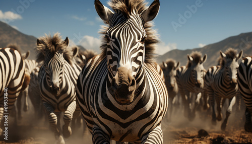 Zebra herd in African savannah, standing on plain, looking majestic generated by AI