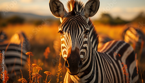 Zebra herd grazing in African savannah at sunset generated by AI
