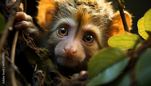 Cute monkey sitting on branch, looking at camera playfully generated by AI © Stockgiu