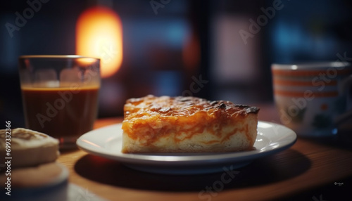 Freshly baked sweet pie on a wooden plate, ready to eat indulgence generated by AI
