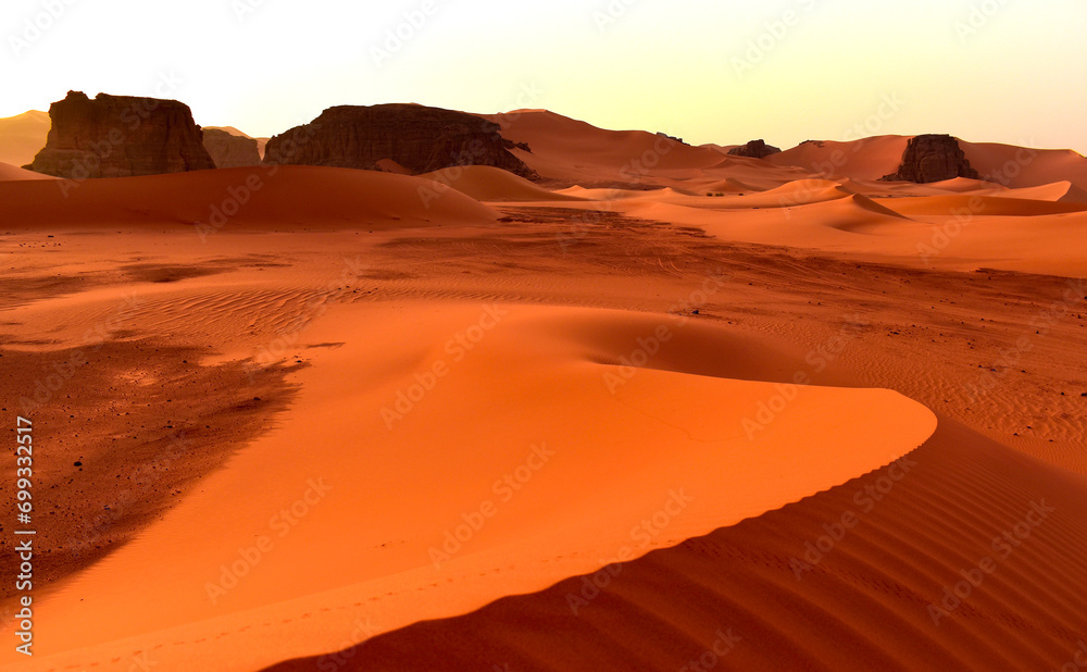 Naklejka premium Sahara desert, orange dunes. Holidays and travel in Algeria, morning light over the desert. Rocks in the background. Fine lines of sand dunes.