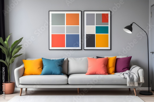 Interior design of a modern living room in the Scandinavian style, pop art. A gray sofa with multi-colored pillows, frames for art posters hanging on the wall.